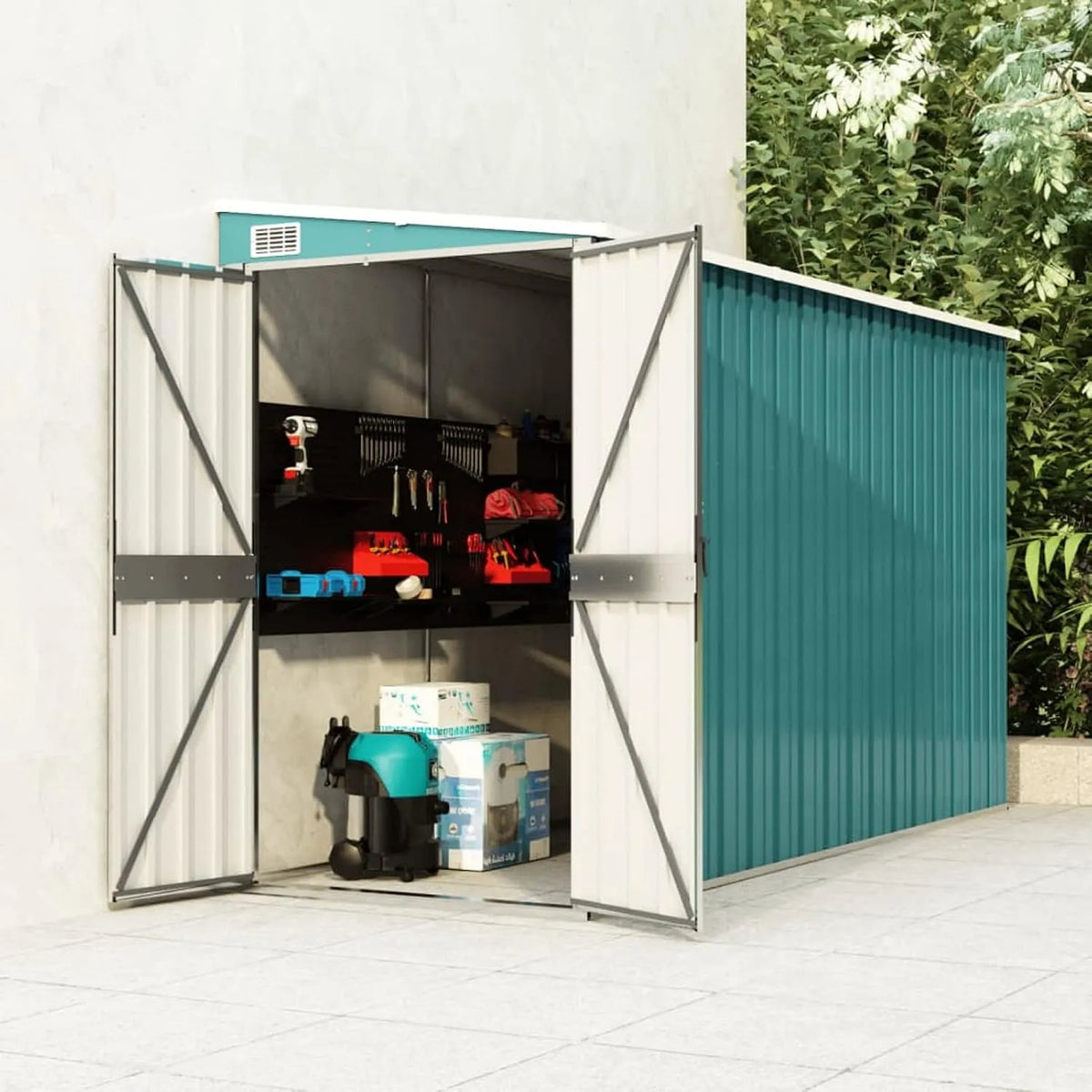 Geräteschuppen, Grün Gerätehaus Metall Fahrradunterstand Metallschuppen 118 x 288 x 178 cm