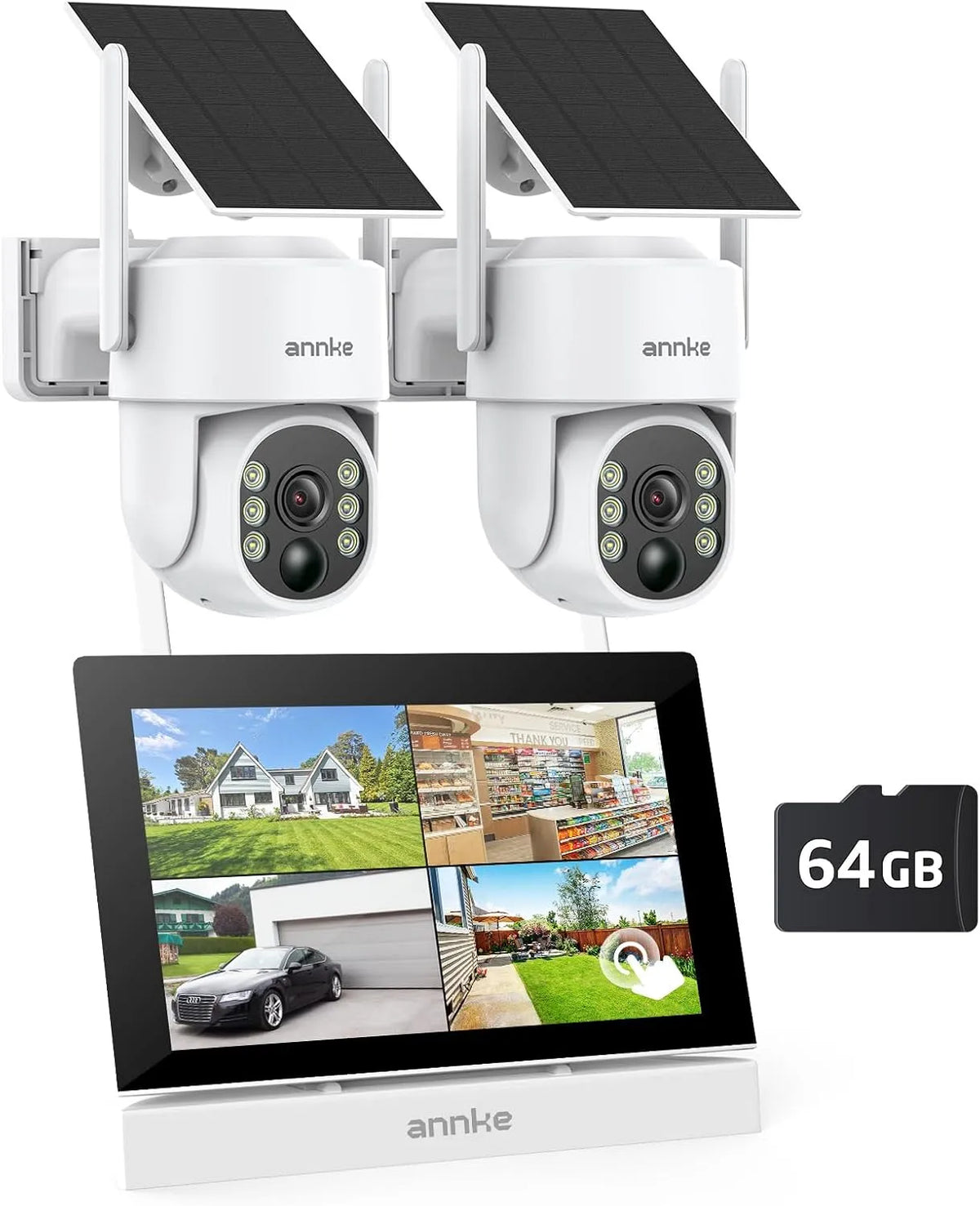 Modell Aussen Set mit 7' Monitor 4CH 4MP 64GB ANNKE Überwachungskamera, 2X PT Überwachungskamera Aussen Akku Solar, 270° Schwenken, 90° Neigen