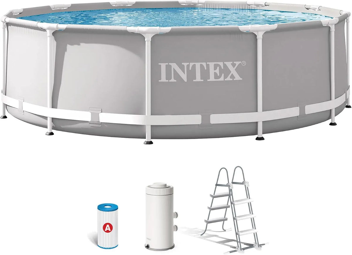Intex Pool 26716NP, Filterpumpe 2006 L/h, Fassungsvermögen 8592 L, Maße 366x99 cm, Stahl und PVC, Aufstellpool Prism Frame Rund, Leiter, Farbe Grau