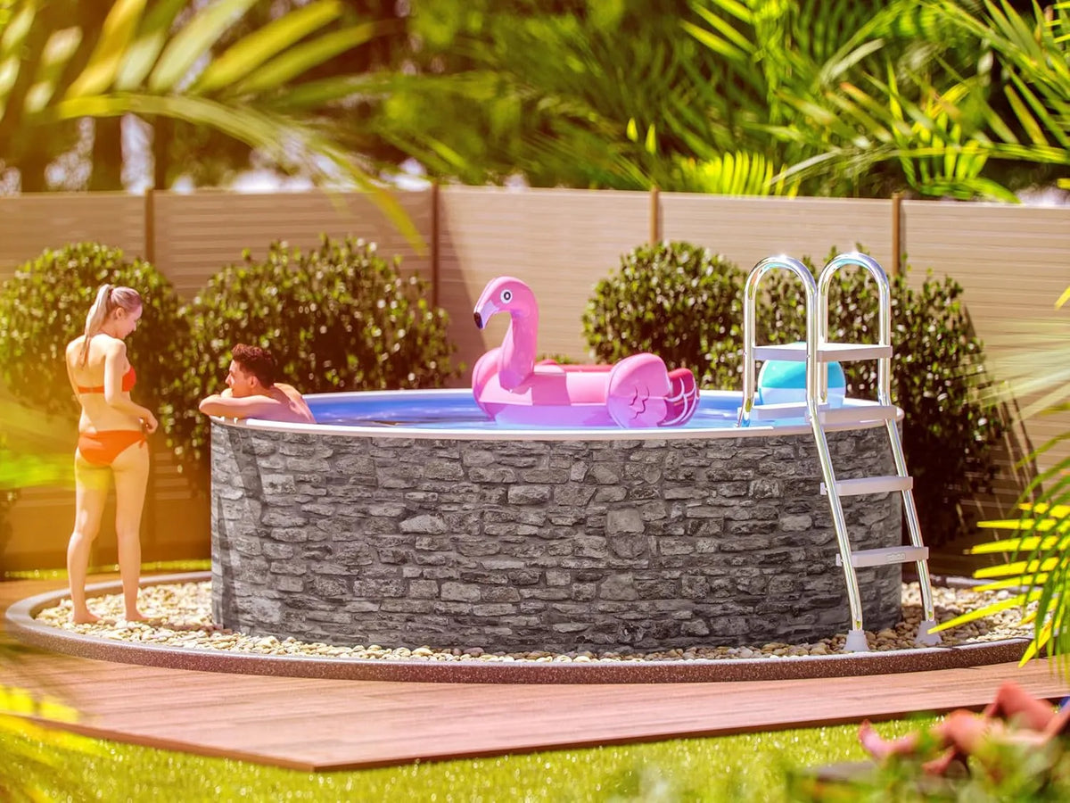 Pool, poolomio Stahlwandpool rund 460 x 120 cm Steinoptik, Aufstellpool Komplettset mit Innenfolie 0,5 mm, Skimmer & Einlaufdüse