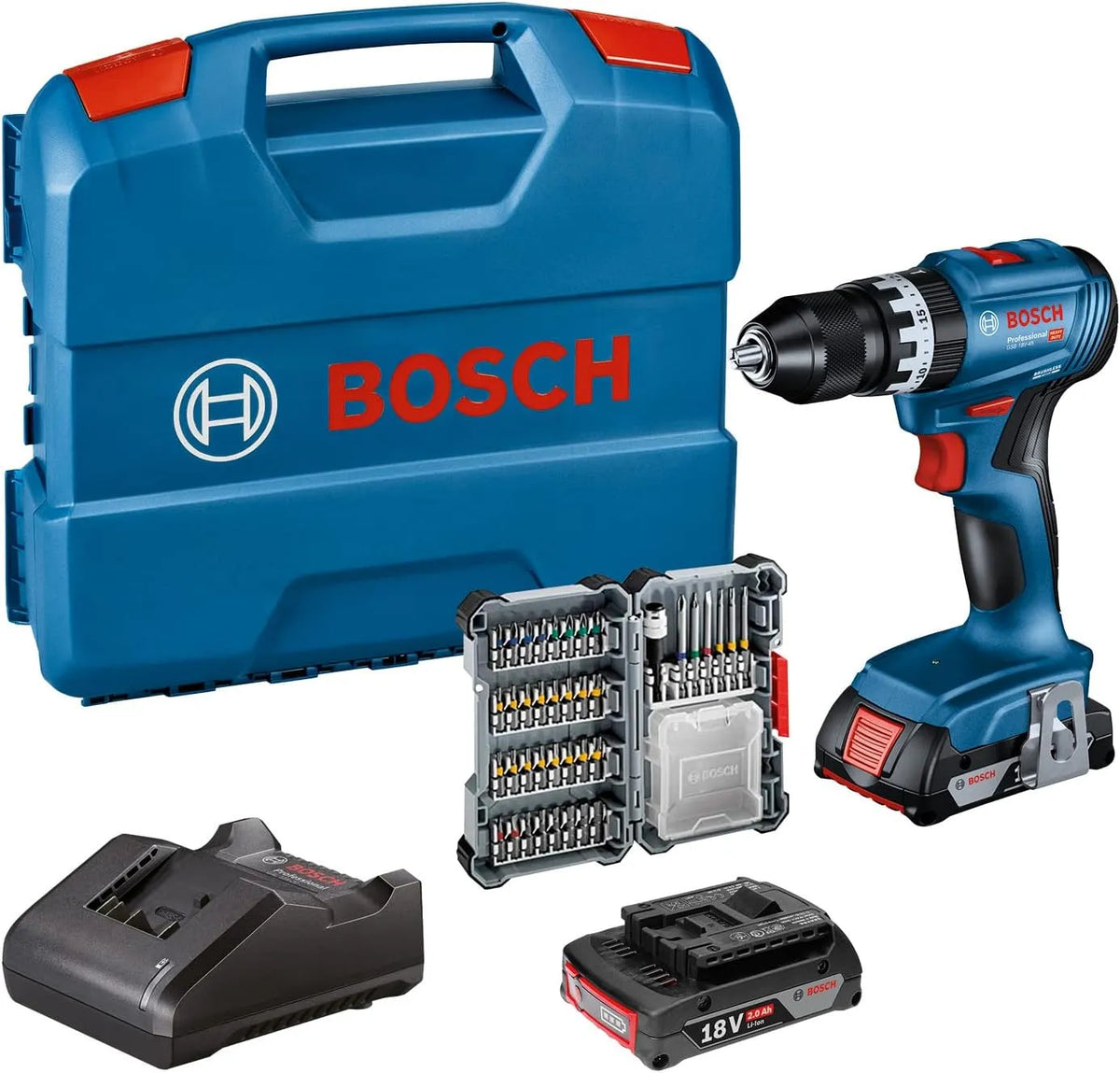 Bosch Modell, Professional 18V System Akku Schlagbohrschrauber GSB 18V-45 18V-20, inklusive. 2x 2.0Ah Akku, GAL, L-Case, Zubehöre, Amazon Exclusive