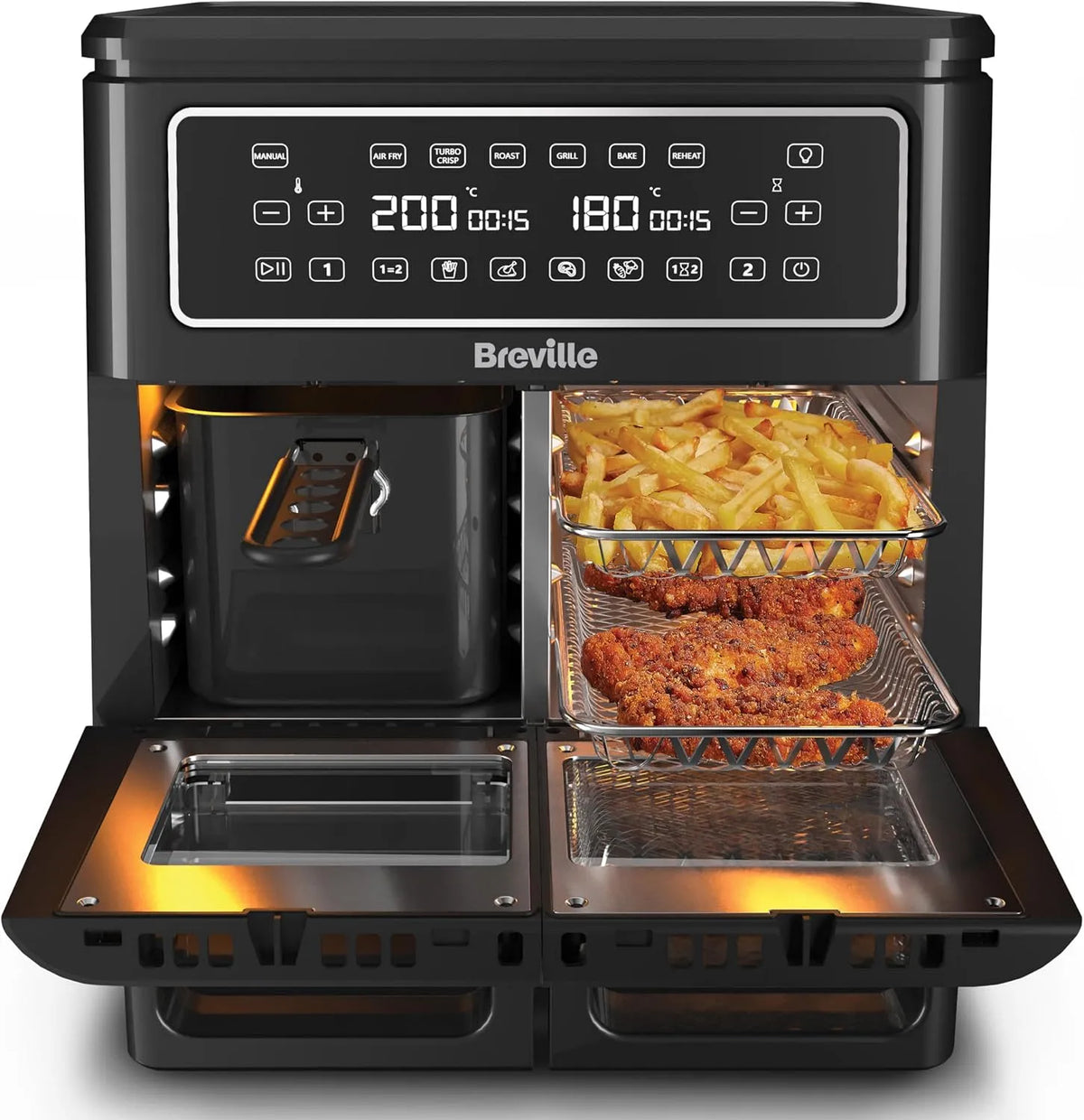 Heißluftfritteuse VDF130X Breville, Fassungsvermögen 11 l Air Fryer: Für mehr als 10 Personen, Leistung 2400 W, Halo Flexi, Digitale Doppelkammer