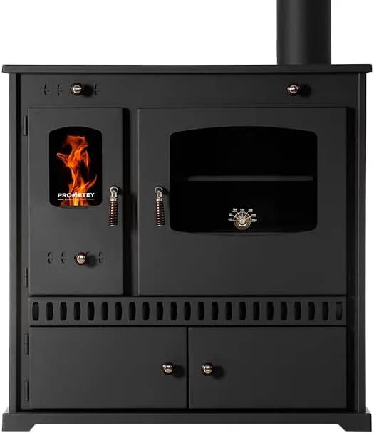 Kaminofen EEK A+, mit Backfach und Herdplatte Perfect Eco in Schwarz Holzofen 7 kW Kamin Ofen Holz Werkstattofen Hüttenofen Heizofen Gartenofen