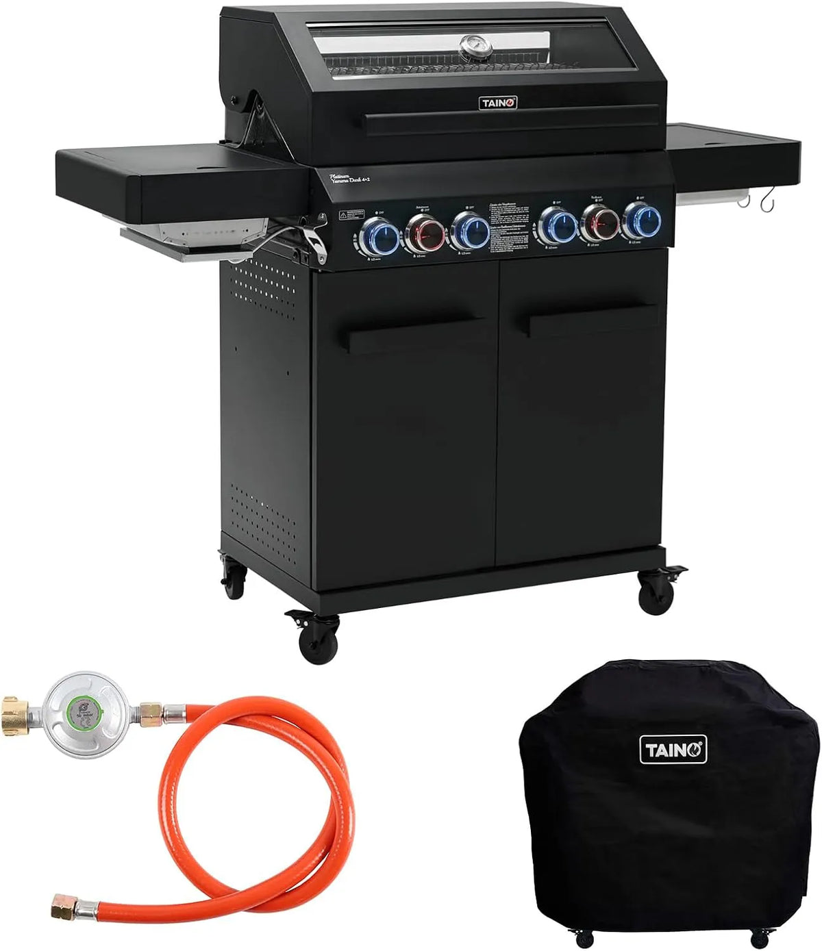 Gasgrill, TAINO PLATINUM YAMARA DARK 4+2 Set Stahl 4 Brenner Keramik Sear-Burner Keramik Backburner Piezo-Zündung Abdeckhaube