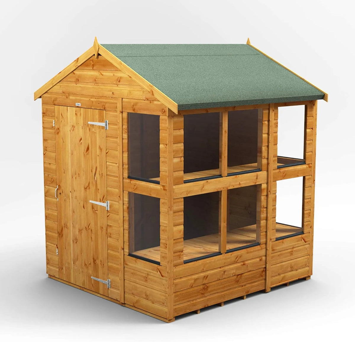 Gewächshaus Powersheds Satteldach Holz, aus 12 mm extra dickem Qualitätsholz & gehärtetem Glas, mit Sicherheitsfunktionen, PVC-Fensterbänke