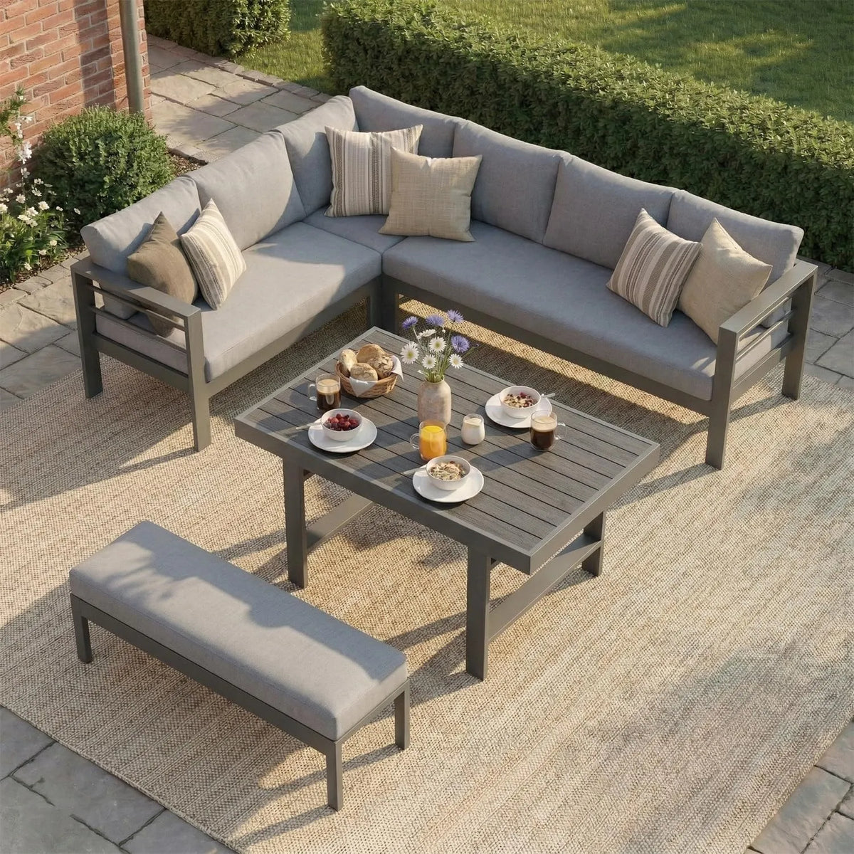 Tisch, LANOX Aluminium Gartenlounge Set mit, ideal für Terrasse, Farbe Grau, 5-teiliges Lounge Gartenmöbel für 6–8 Personen, wetterfest & UV-beständig