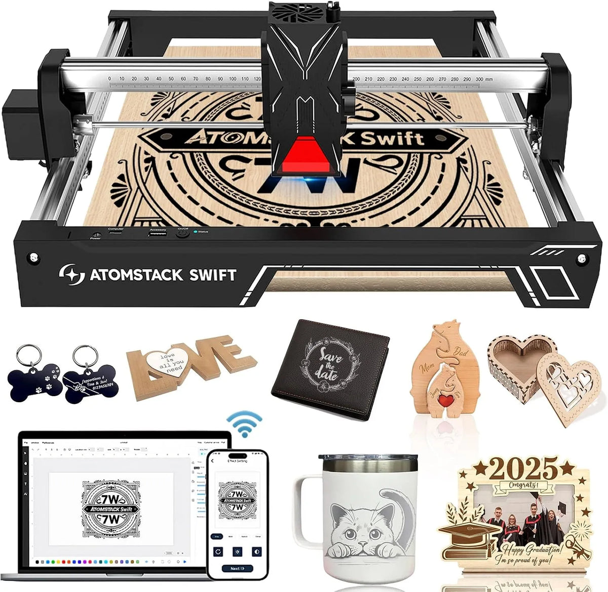 Modell laser Graviermaschine für Anfänger 7000mW ATOMSTACK Swift, 300×300mm Gravurbereich, Swift 7W, Laser Cutter