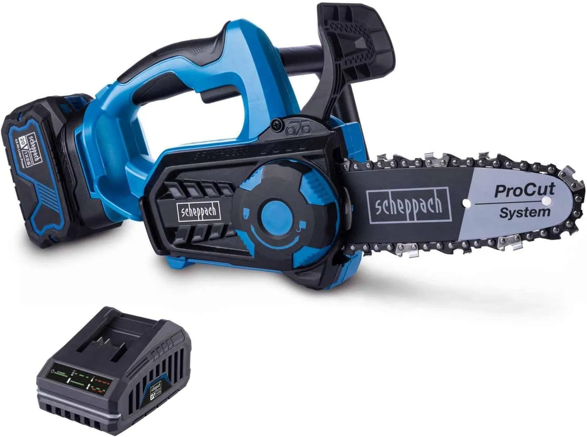 Scheppach Akku-Kettensäge BC-TCS200-X 20V-IXES-Serie, 17,5 cm Schnittlänge, inklusive. 4Ah Akku + 2,4A Ladegerät, brushless, 7 m, Gehölzschneider