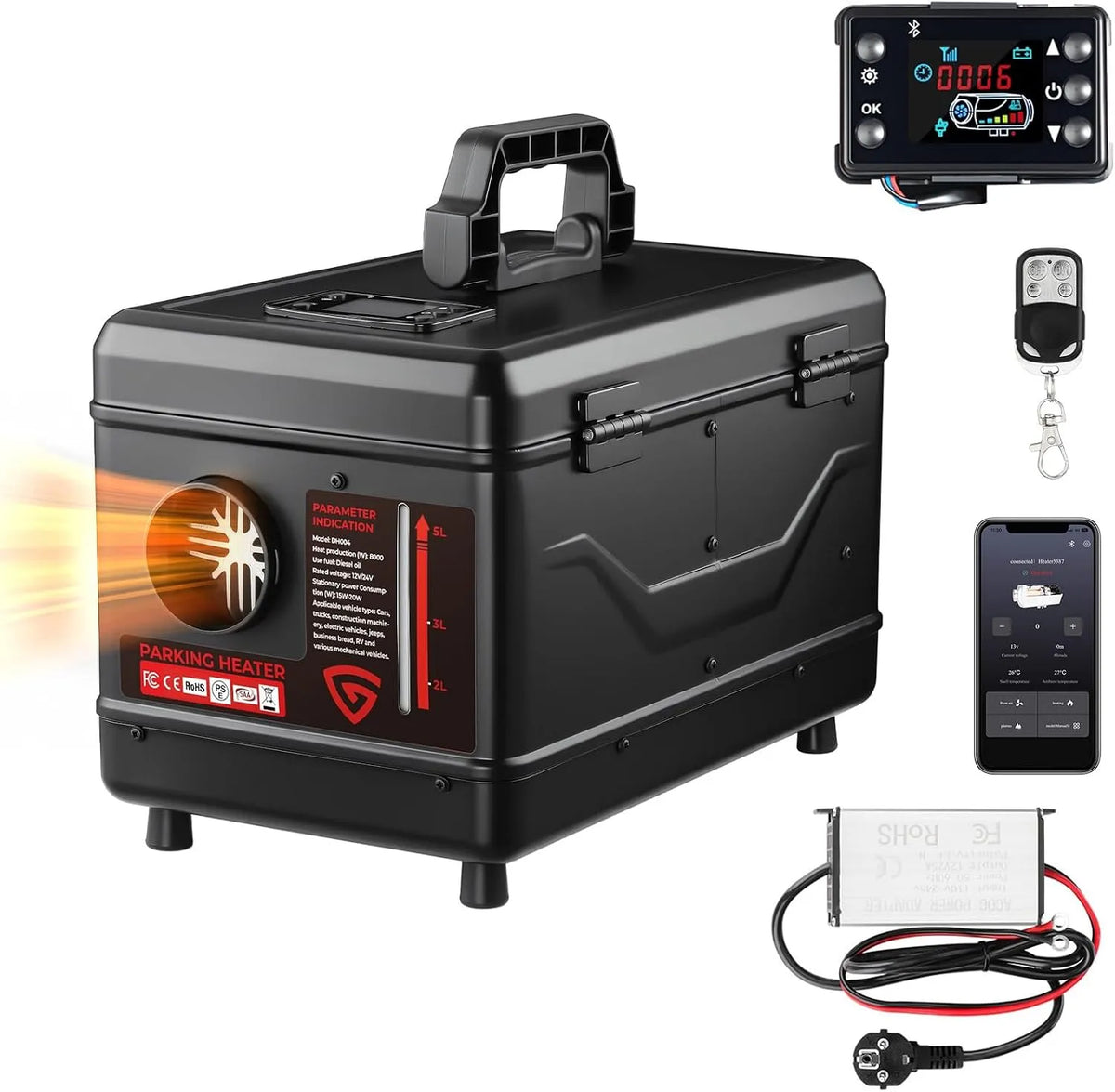 AC & DC Modell 12/24V 220-240V Dieselheizung, All-in-One 5L Diesel Standheizung mit Bluetooth APP Fernbedienung und LCD Bildschirm, für Zuhause, LKW
