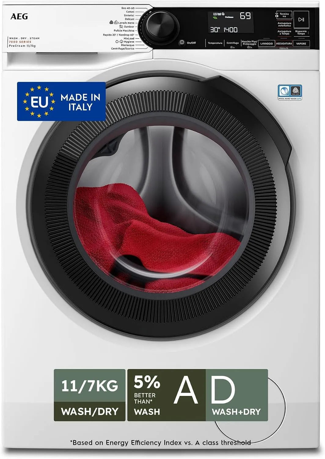 AEG Waschtrockner LWR7D1174B 7000 1400, Geräuschpegel 73 dB, Serie ProSteam, Umdrehungen, Energieklasse D, 11 + 7 kg, Freistehender, Dampfreiniger